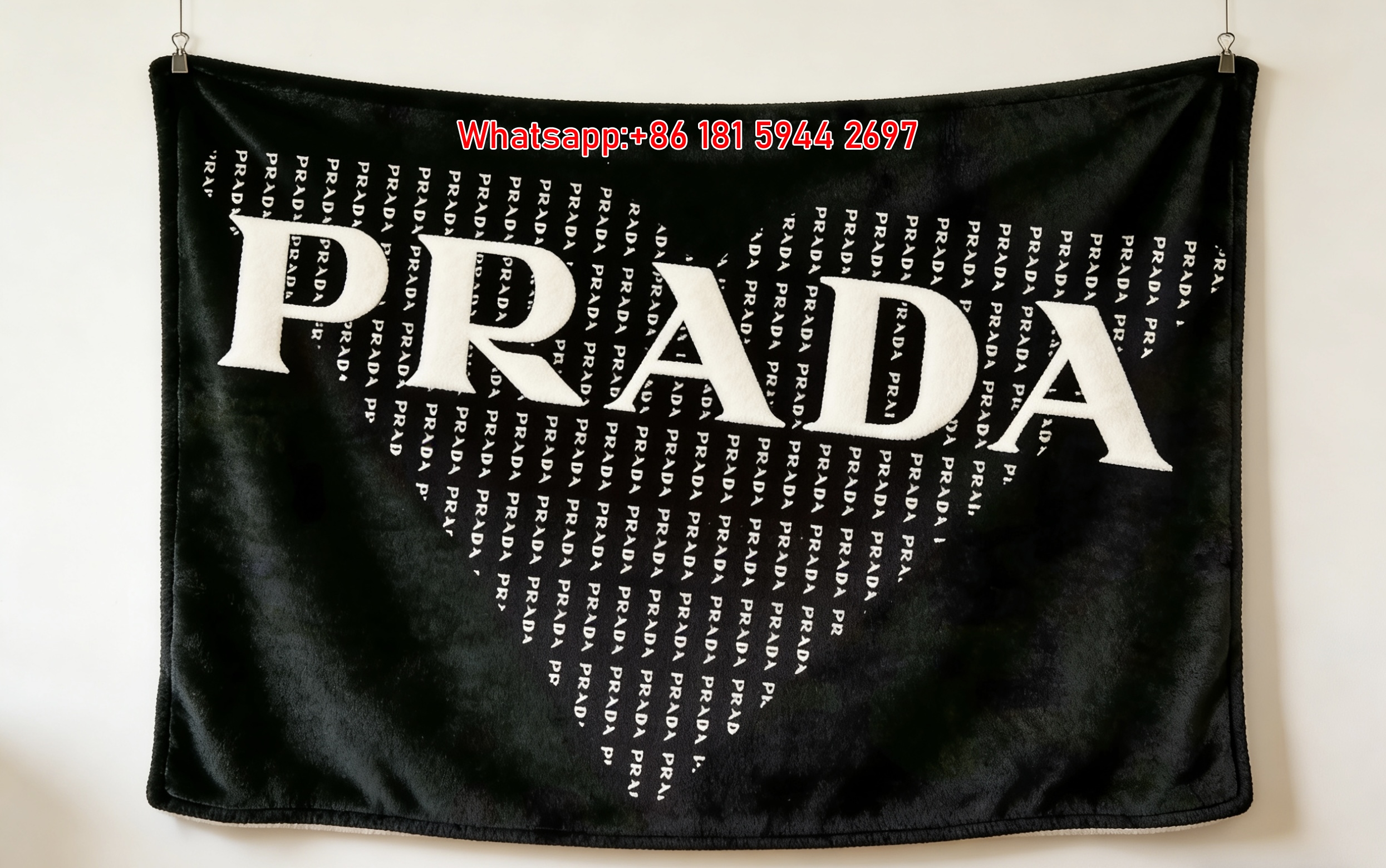 Prada Classic Logo Print Flannel Throw Blanket Black White Luxury Sofa Cover Blanket IMG_2833